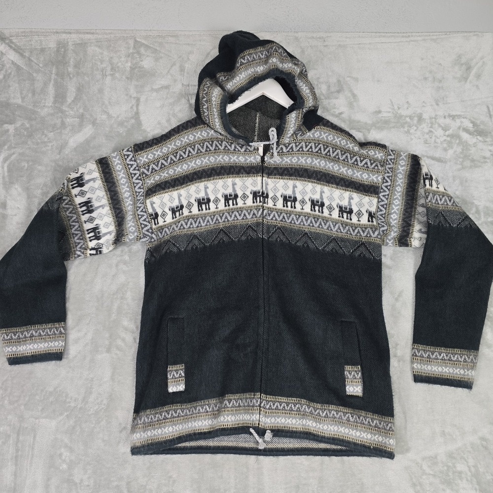 Kuri Artesanias Alpaca Hand Knit Thick Hooded Sweater Large Grey